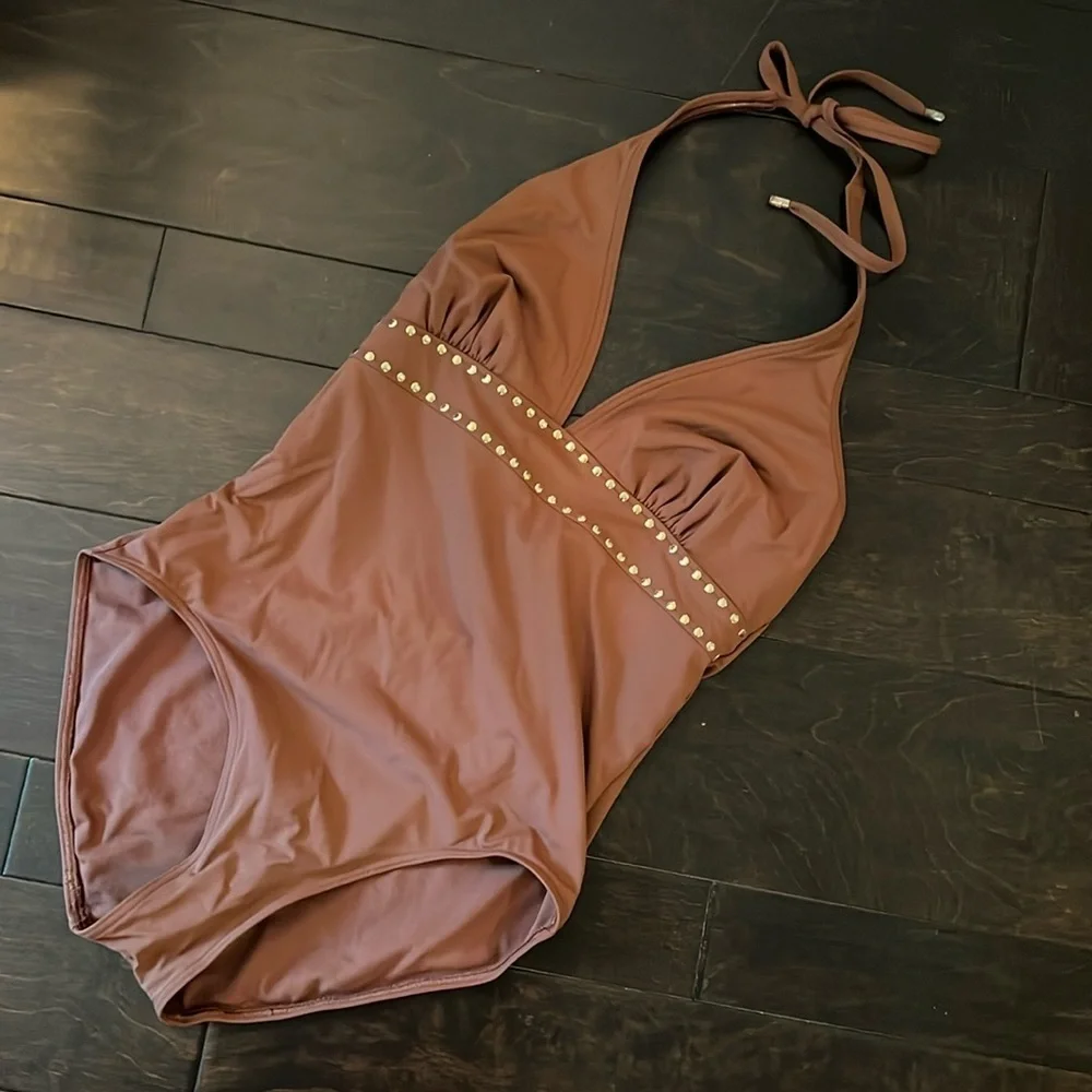 Michael Kors brown gold studded swimsuit 12